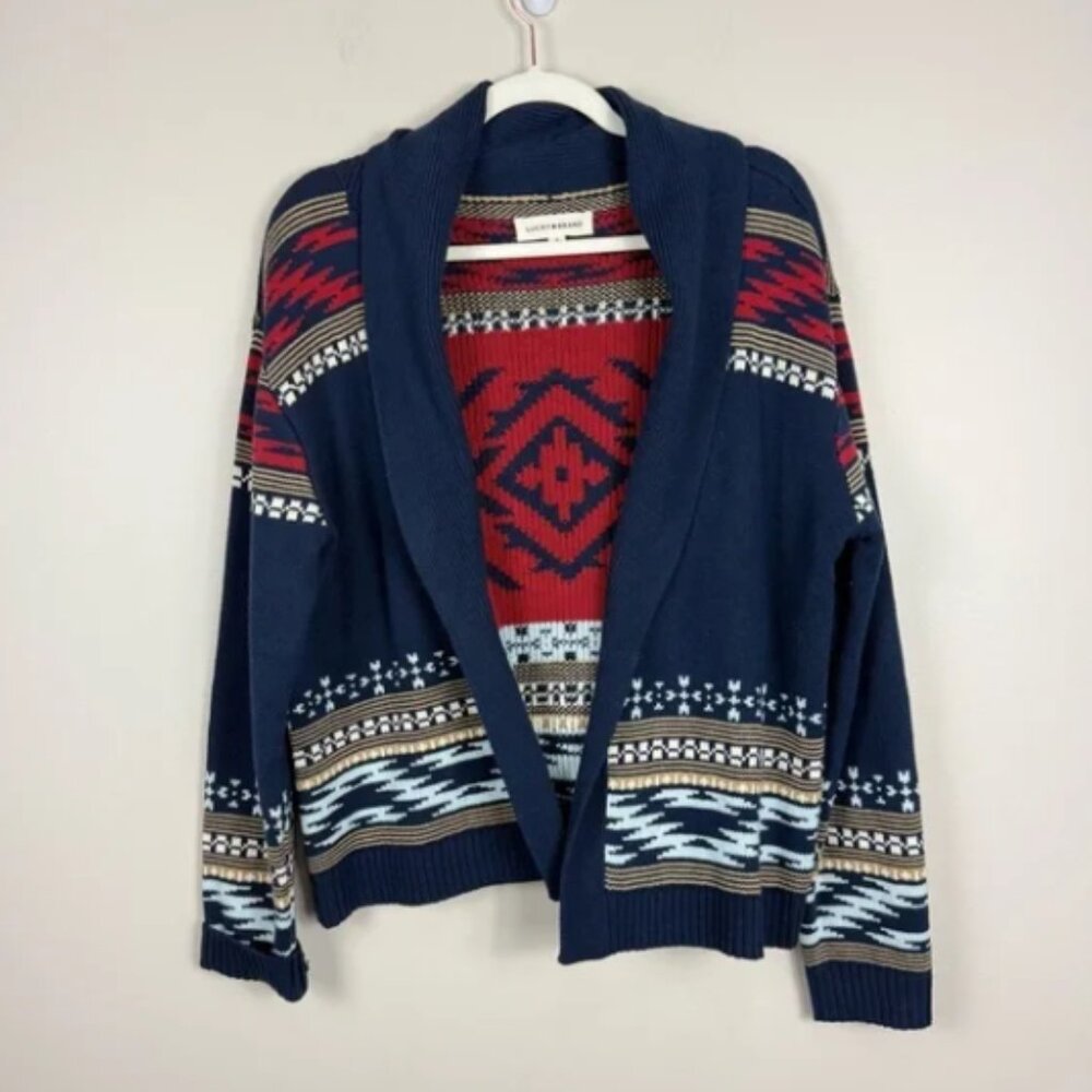 Lucky Brand Sweater Womens Medium Southwestern Aztec Red Blue Cardigan Boho Wome